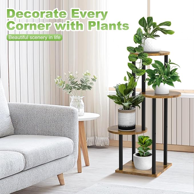 4 Tier Wood Tall Plant Stand Metal Rack Indoor, Round Planter Shelf Display - Image 4