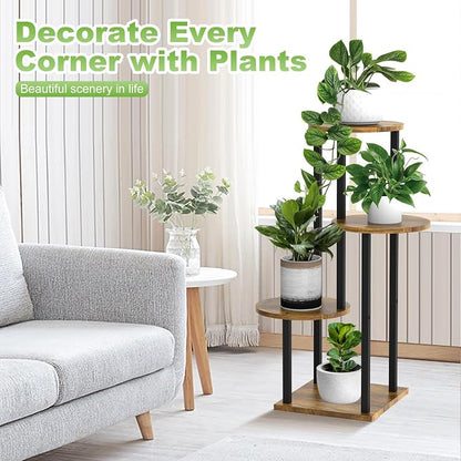 4 Tier Wood Tall Plant Stand Metal Rack Indoor, Round Planter Shelf Display - Image 4