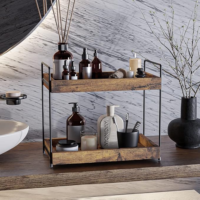 2-Tier Wood Bathroom Counter Organizer, Kitchen Spice Rack | Multi-Use Storage - Image 4