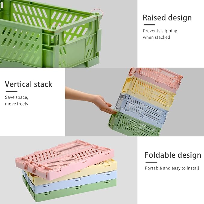 4 Pack Pastel Crates for Storage, Plastic Folding Basket, Colorful Small - Image 5