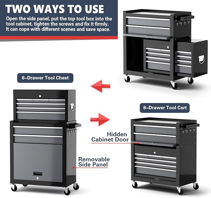 8-Drawer Tool Chest with Wheels, Detachable Top Tool Box, Tool Cabinet with - Image 5