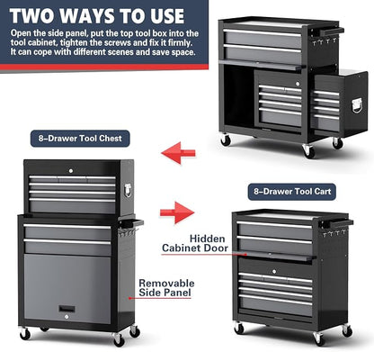 8-Drawer Tool Chest with Wheels, Detachable Top Tool Box, Tool Cabinet with - Image 5