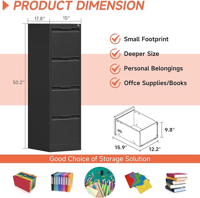 4 Drawer File Cabinet with Lock, 17.8" Deep Vertical Metal Filing Cabinet - Image 2