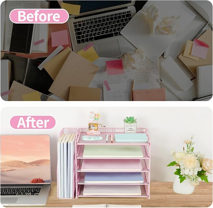 AUPSEN Pink Desk Organizers and Accessories, 5-Tier Desktop Paper File Organizer - Image 3