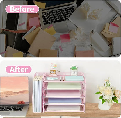 AUPSEN Pink Desk Organizers and Accessories, 5-Tier Desktop Paper File Organizer - Image 3