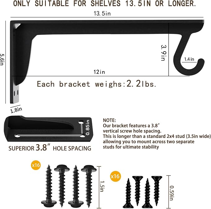 13.5x5.6in Heavy Duty Closet Rod Bracket Support 400lbs | Wall Mounted Sturdy - Image 2