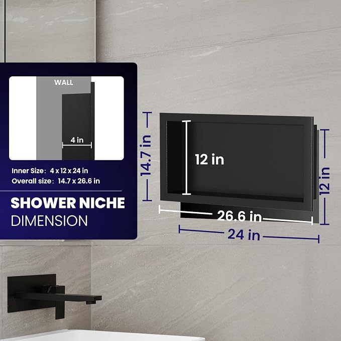 12" x 24" Stainless Steel Shower Niche, Single Waterproof Shelves, No-Tile - Image 3