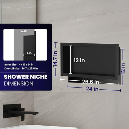 12" x 24" Stainless Steel Shower Niche, Single Waterproof Shelves, No-Tile - Image 3