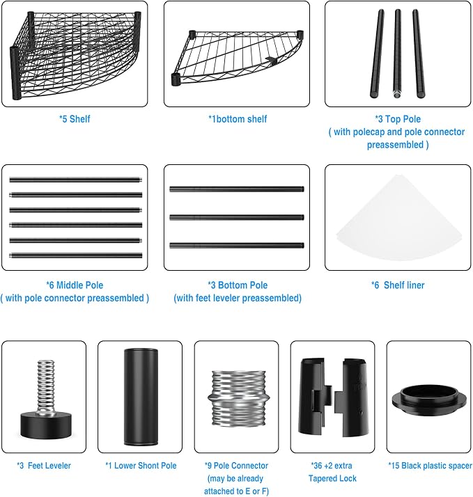 Black 6 Tier NSF Metal Triangular Corner Wire Shelving Units, 420lbs Storage - Image 5
