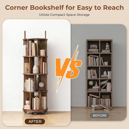 Kryonix 4 Tier Solid Wood Rotating Bookshelf on Wheels, Spinning Bookcase | - Image 4