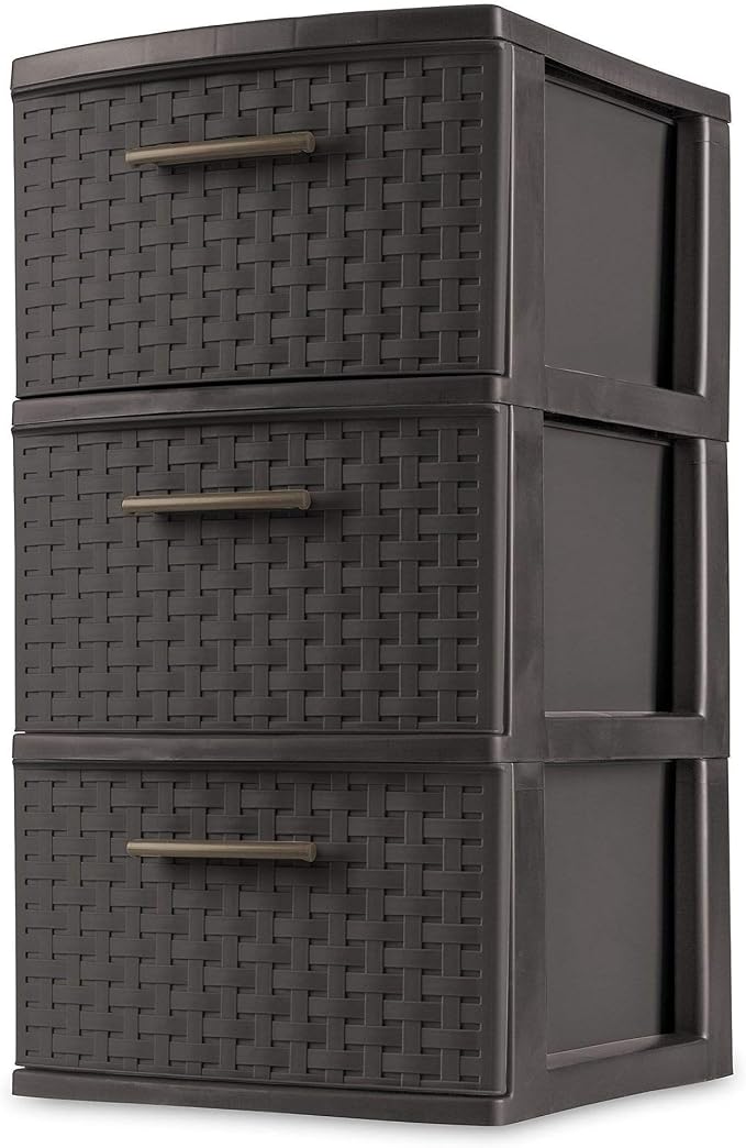 Sterilite Espresso 26306P02 15" X 12 5/8" X 24" Brown 3 Drawer Weave Tower by Sterilite