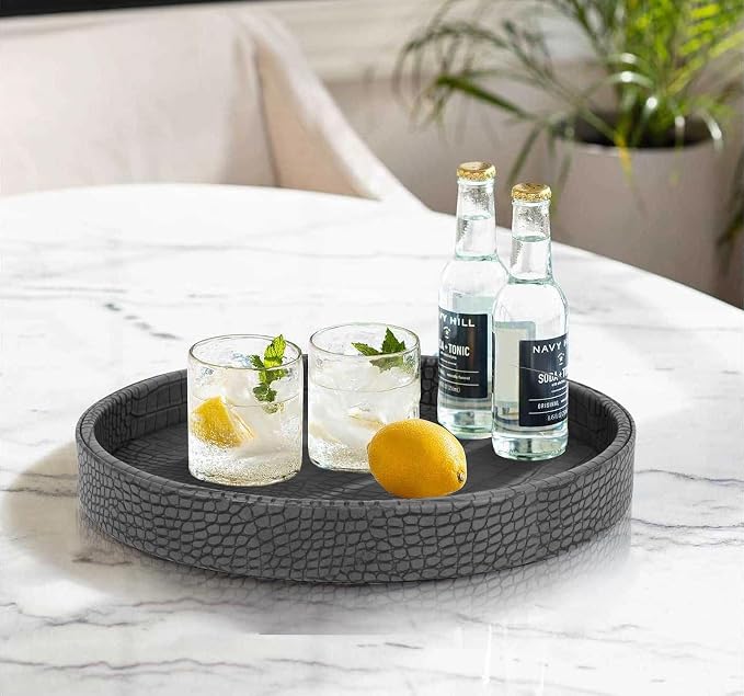 HofferRuffer Faux Leather Round Serving Tray, Vegan Croco Leather Decorative - Image 3