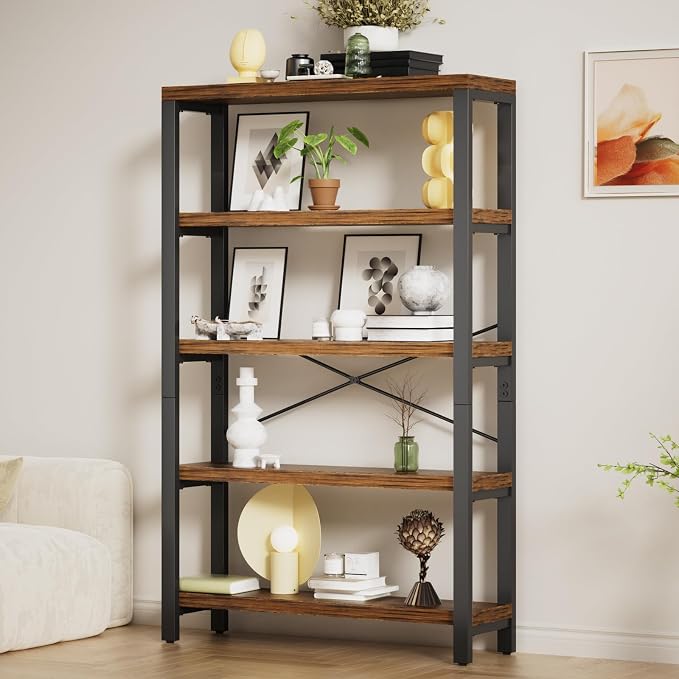 5-Tier 39.37" Wide Heavy Duty Bookshelf, Industrial Wood and Metal Bookshelf by WelcometoIABIFO