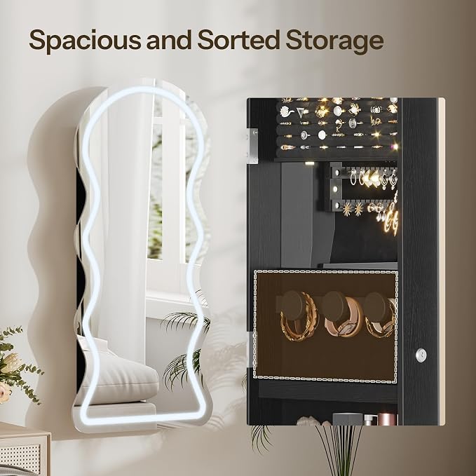 HOOBRO LED Mirror Jewelry Cabinet, Wall/Door Mounted Jewelry Organizer - Image 6