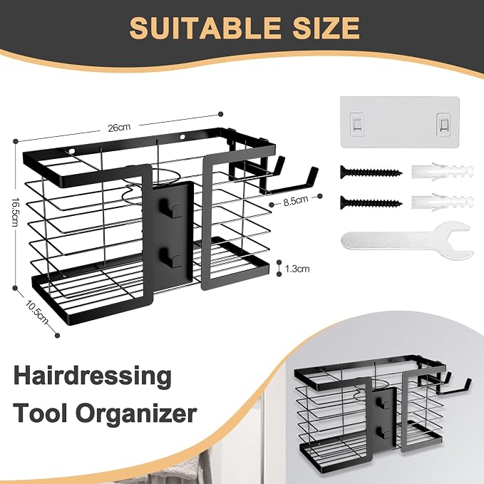 FUNKYLEE Hair Tool Organizer, 3 in 1 Metal Hair Dryer Holder Wall Mounted - Image 6