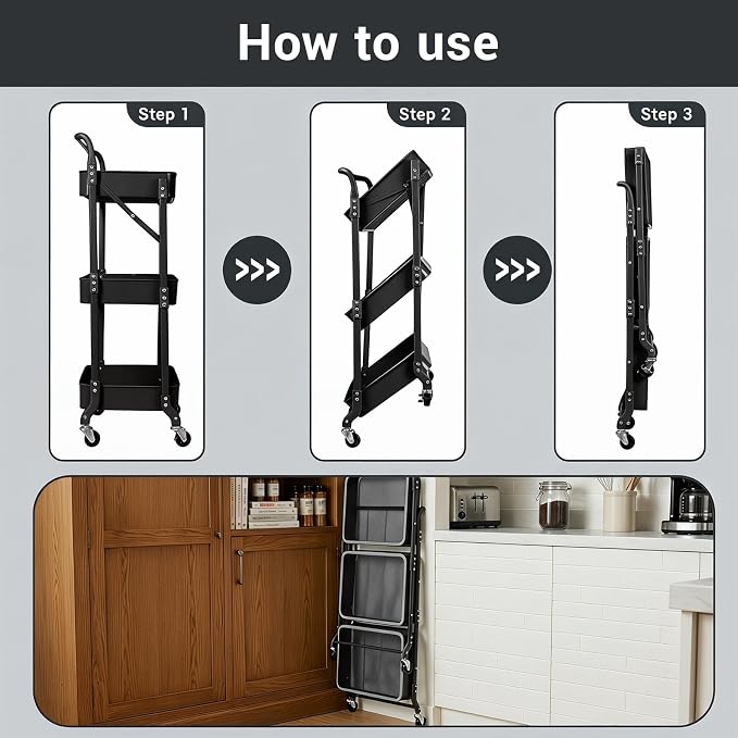 3 Tier Foldable Rolling Cart - Image 3