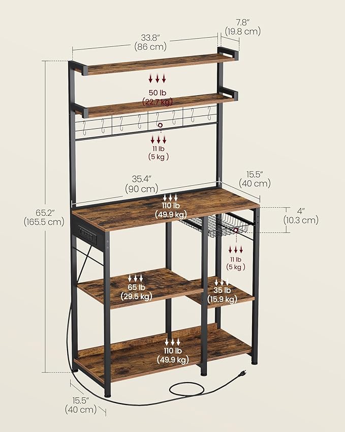 VASAGLE Bakers Rack with Power Outlet, 35.4 Inches Microwave Stand, Coffee Bar - Image 7
