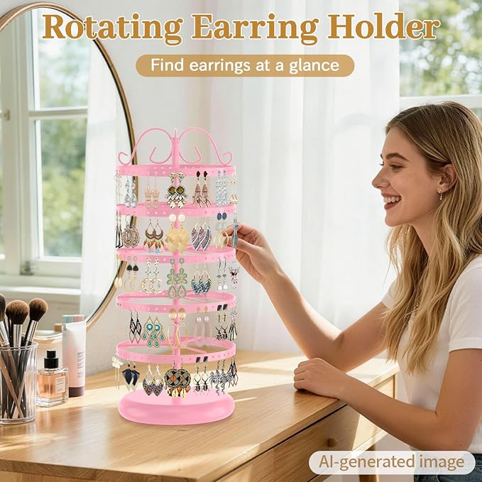 MODOWEY 5 Tiers Metal Rotating Earring Holder Organizer Stand Adjustable - Image 2