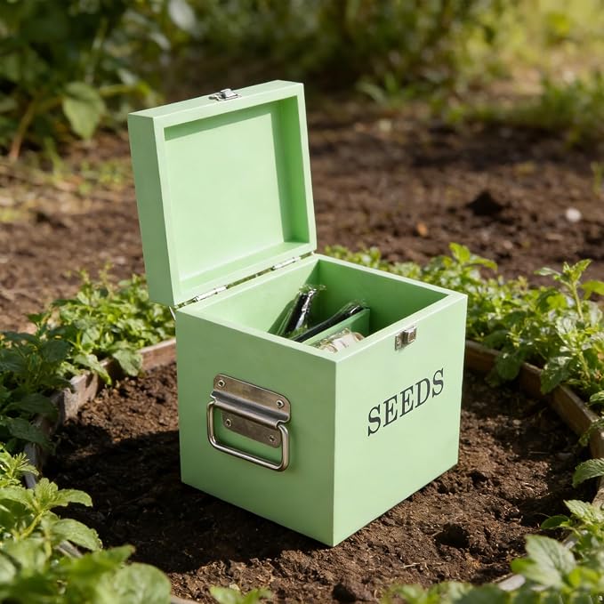 Seed Storage Organizer with 2 Dividers, Wooden Seed Saving Box with Lid - Image 5