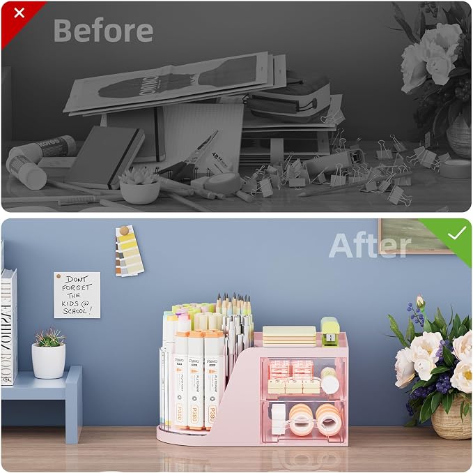 Marbrasse Desk Organizer with 2 Drawer, 360°Rotating Pen Holder, Desk - Image 7