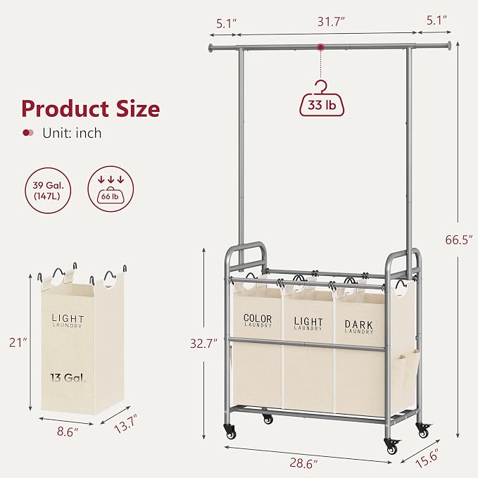 Tajsoon Laundry Hamper with Hanging Rack, 3 Section Laundry Sorter with Heavy - Image 7