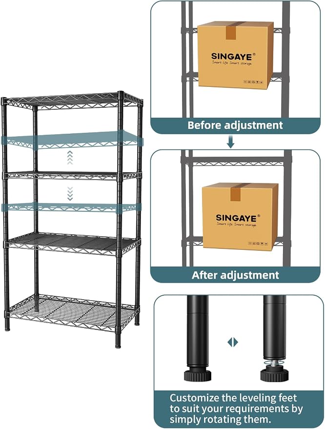 SINGAYE 4 Tier Storage Rack Wire Shelving Unit Shelves Metal - Image 6