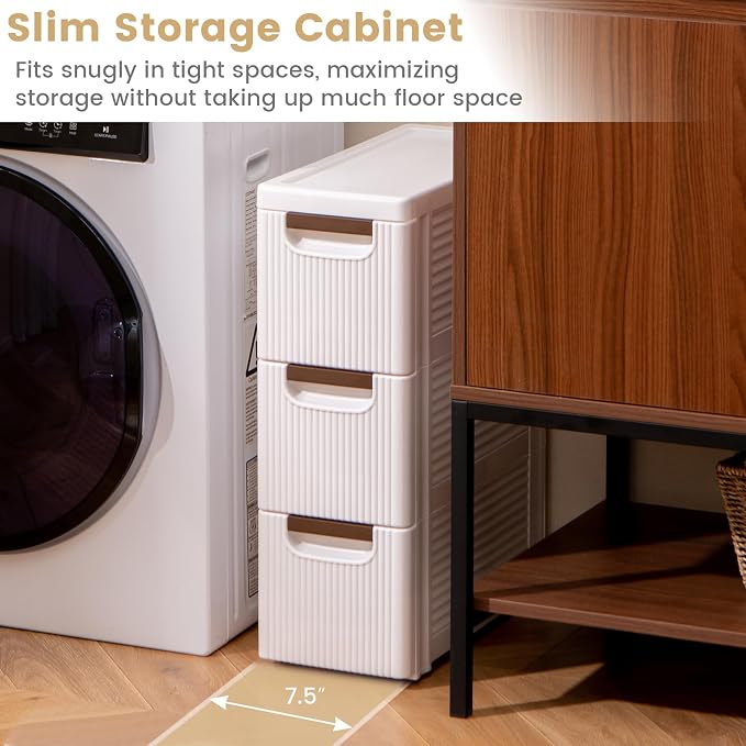 3-Drawer Narrow Storage Cabinet, Slim Rolling Cart | Mobile Plastic Cart - Image 9