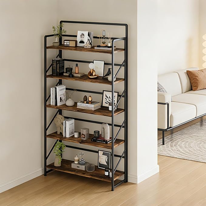 JSB Folding Bookshelf, Industrial Storage Shelves, No Assembly Vintage Wood - Image 9