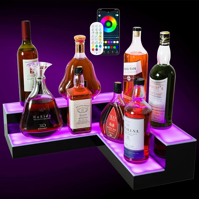 Corner Led Lighted Liquor Bottle Display Shelf, 20 Inch 2 Tier Whiskey Rack by LEEKIMID