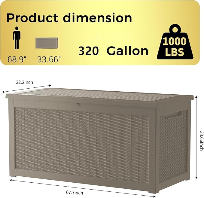 320 Gallon Outdoor Storage Box Waterproof Lockable Resin Deck Box Large - Image 3