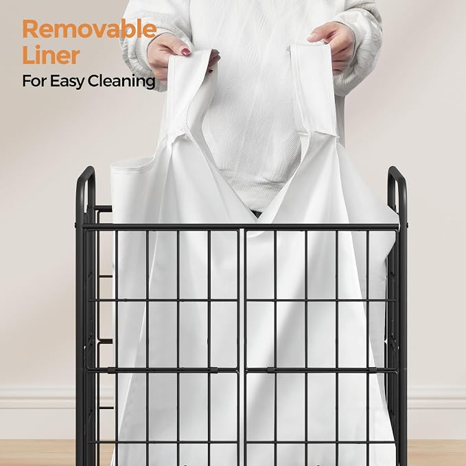 2 Section Laundry Hamper with Wheels and Brake, 100L Laundry Sorter Cart with 2 - Image 5