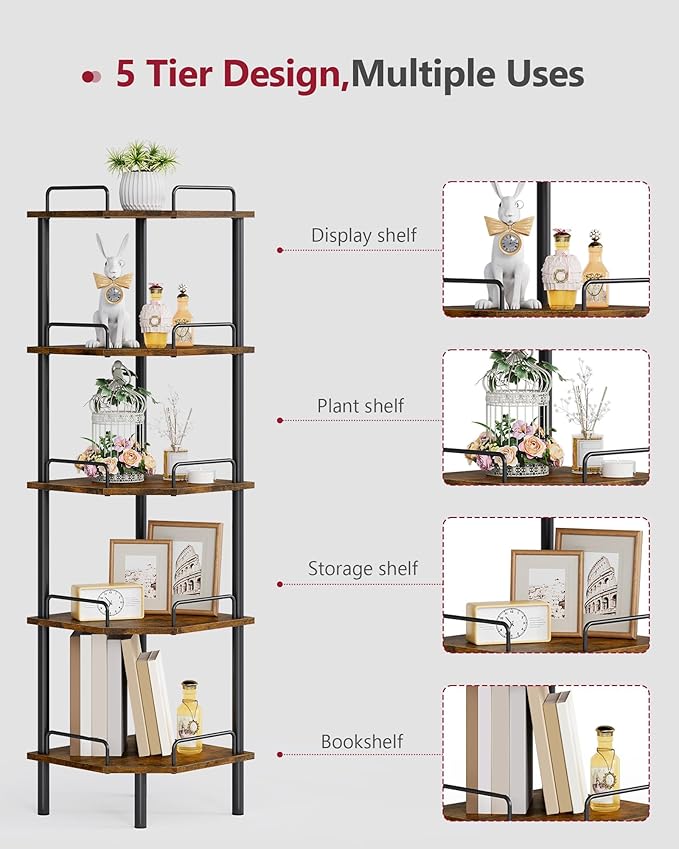 Tajsoon 5 Tier Corner Shelf Stand, Small Corner Table, Rustic Brown | Corner - Image 5