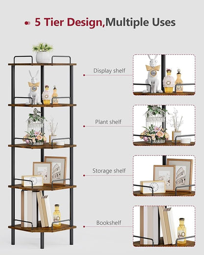 Tajsoon 5 Tier Corner Shelf Stand, Small Corner Table, Rustic Brown | Corner - Image 5