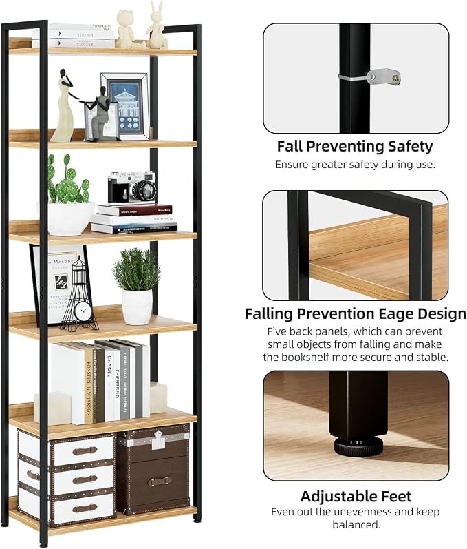 NUMENN Bookshelf, 6 Tier Freestanding Shelving Unit, Natural | Metal Frame & - Image 5