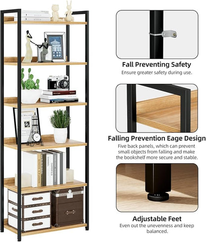 NUMENN Bookshelf, 6 Tier Freestanding Shelving Unit, Natural | Metal Frame & - Image 5