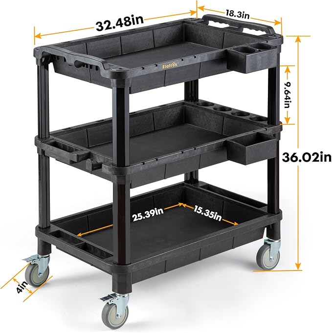3-Shelf Heavy Duty Rolling Utility Cart, 32.4 x 18.3 in | Multi-Use Service - Image 2