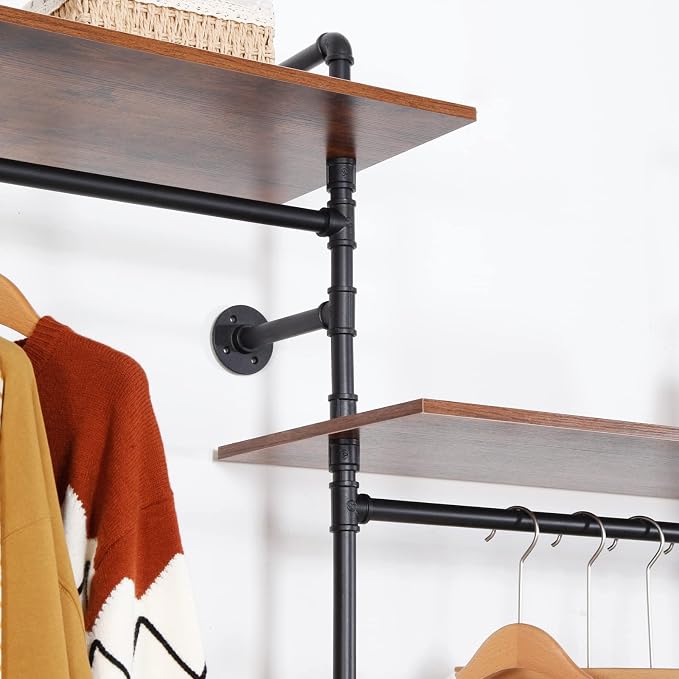Industrial Iron Pipe Clothing Rack, 40inch Black Vintage Retro Shelving Wall - Image 5