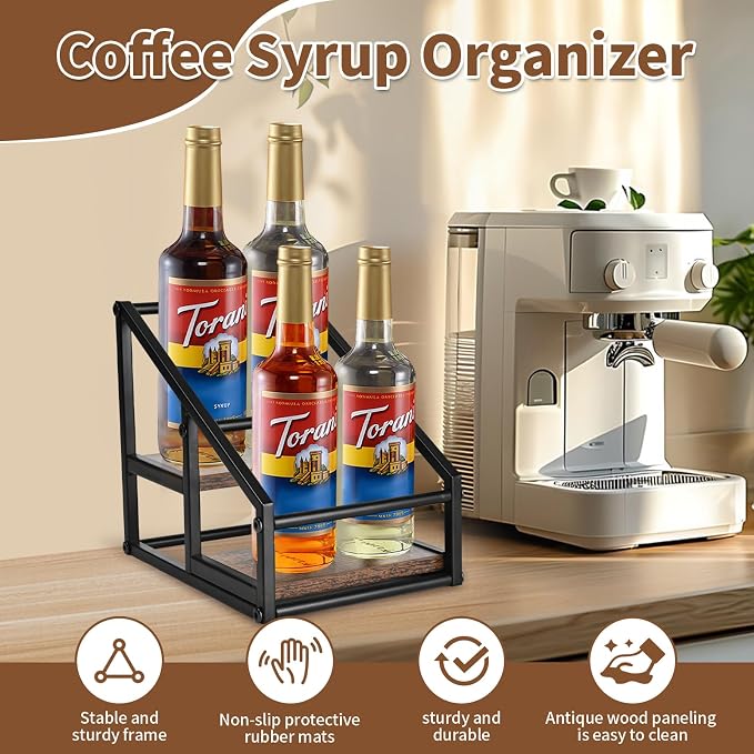 Coffee Syrup Rack Organizer, Liquor Bottle Display Shelf, 2-Tier 4 Bottle Stand - Image 2