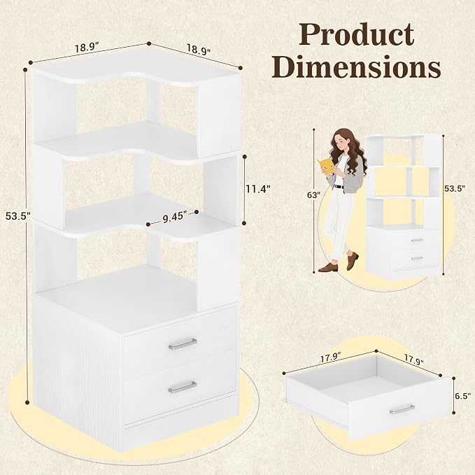 Armocity Corner Bookshelf with Drawers, Small Corner Shelf with Drawers | L - Image 3