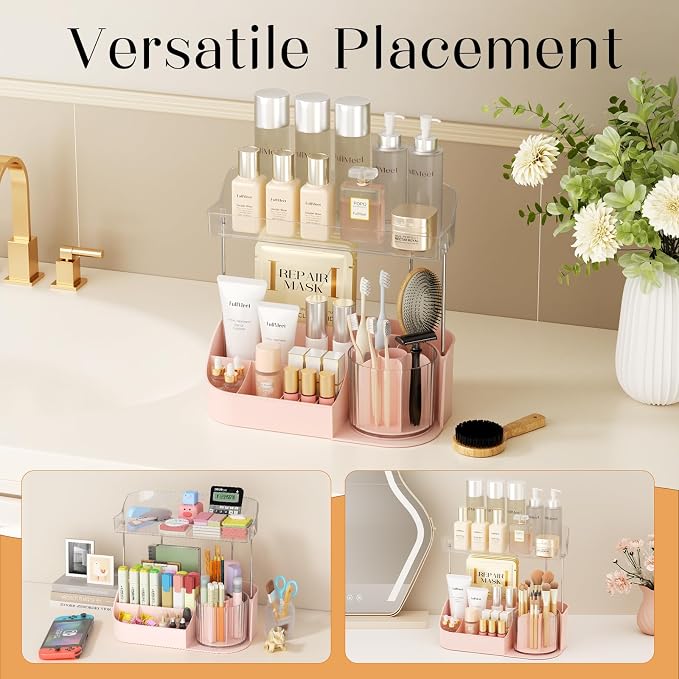 Rotating Makeup Organizer w/Makeup Brush Holder, 2 Tier Bathroom Countertop - Image 6