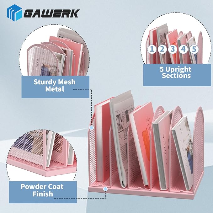 5-Section Vertical Desktop Organizer, 5-Section Mesh File Folder Stand Sorter - Image 3