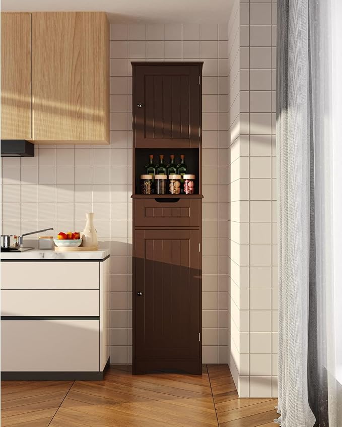 Gizoon 67” H Tall Bathroom Storage Cabinet, Narrow Cabinet, Dark Brown | Towel - Image 6