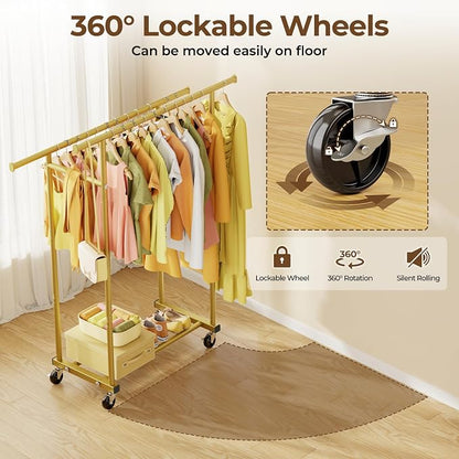 HYSEYY Double Rods Clothes Rack, Sturdy Rolling Clothing Rack, Portable - Image 3