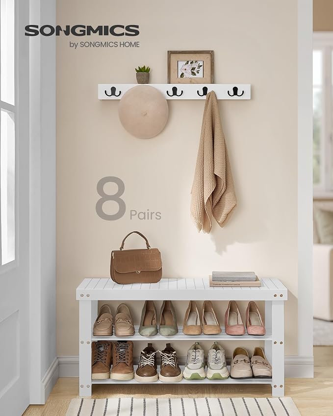SONGMICS Shoe Rack Bench, 3-Tier Bamboo Shoe Storage Organizer, Entryway Bench - Image 4