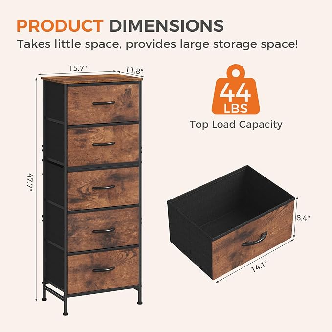 DUMOS Nightstand with 5 Drawers, Bedside Table with Removable Fabric Bins - Image 3