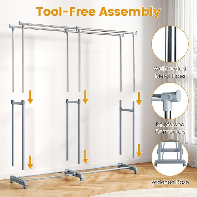 COSTWAY Double Rod Clothing Rack, Heavy-Duty Metal Garment Rack - Image 7