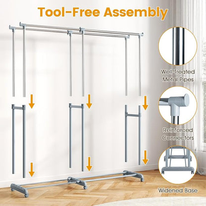 COSTWAY Double Rod Clothing Rack, Heavy-Duty Metal Garment Rack - Image 7