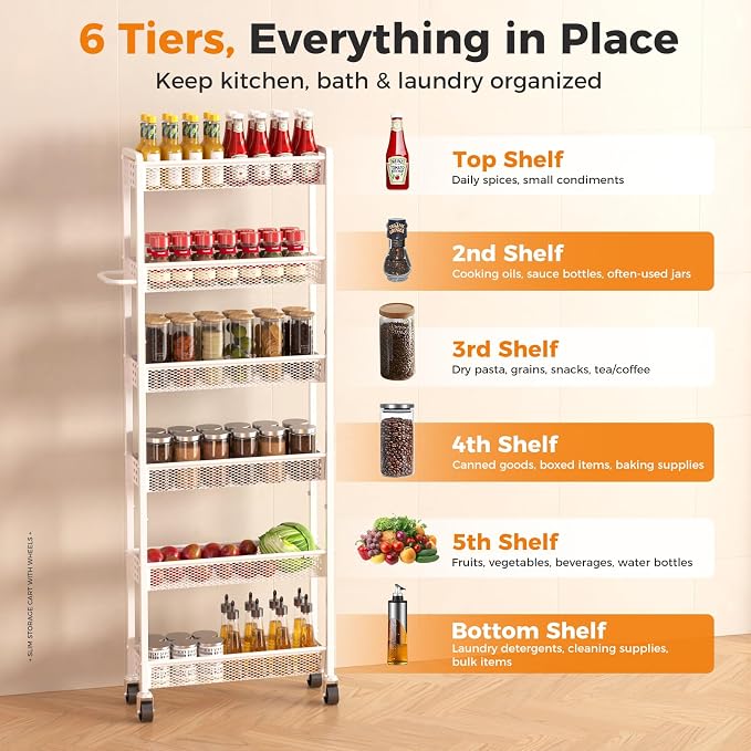 6 Tier Slim Storage Cart with Wheels, Metal Narrow Spice Cabinet Mobile - Image 4
