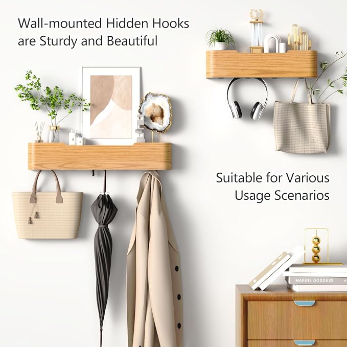 Coat Rack Wall Mount with Hidden Hooks Modern Key Holder Wood Entryway Hook - Image 7