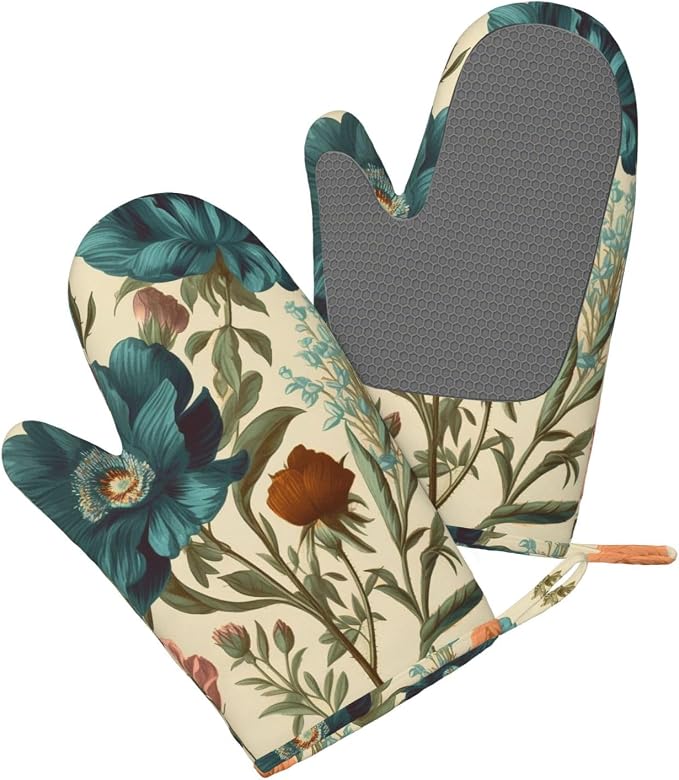Floral Print Oven Mitts Set of 2, Heat Resistant Silicone Oven Mittens Gloves - Image 3